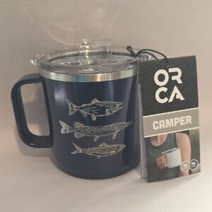ORCA Camper Coffee Mug with Fish Design Navy Blue NWT